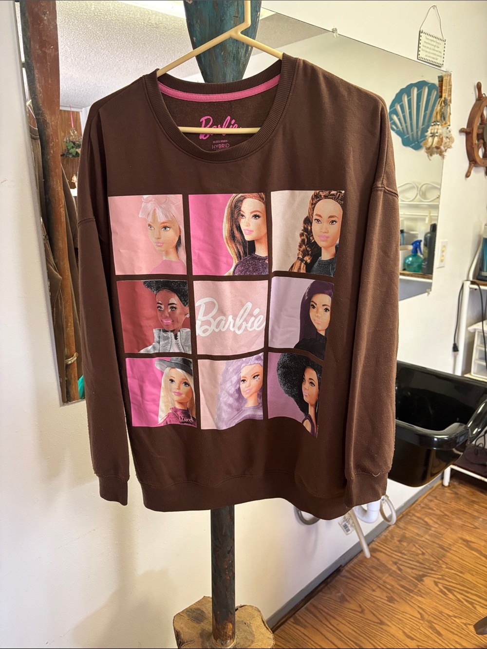 Barbie Brown Sweatshirt with Pink Panel Doll Grid